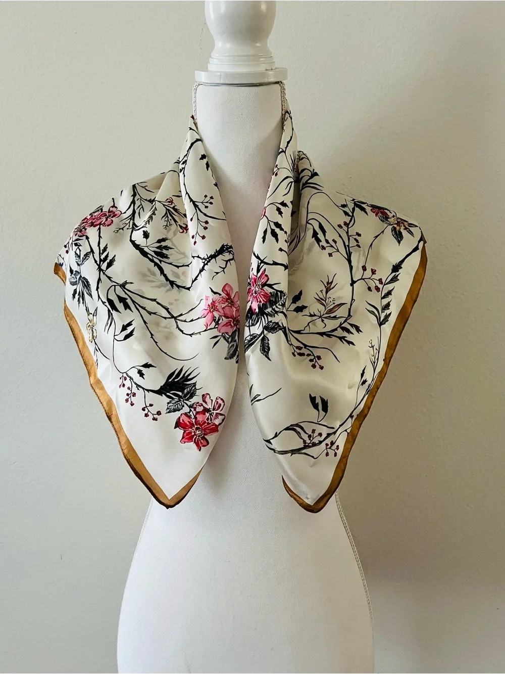 100 %Floral Silk Satin Scarf - Cream with Pink Flowers 26/26 inches